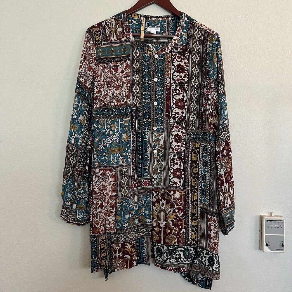 J. Jill Boho Tunic Longline Patchwork Long Sleeve Button Up Shirt Blouse SZ L